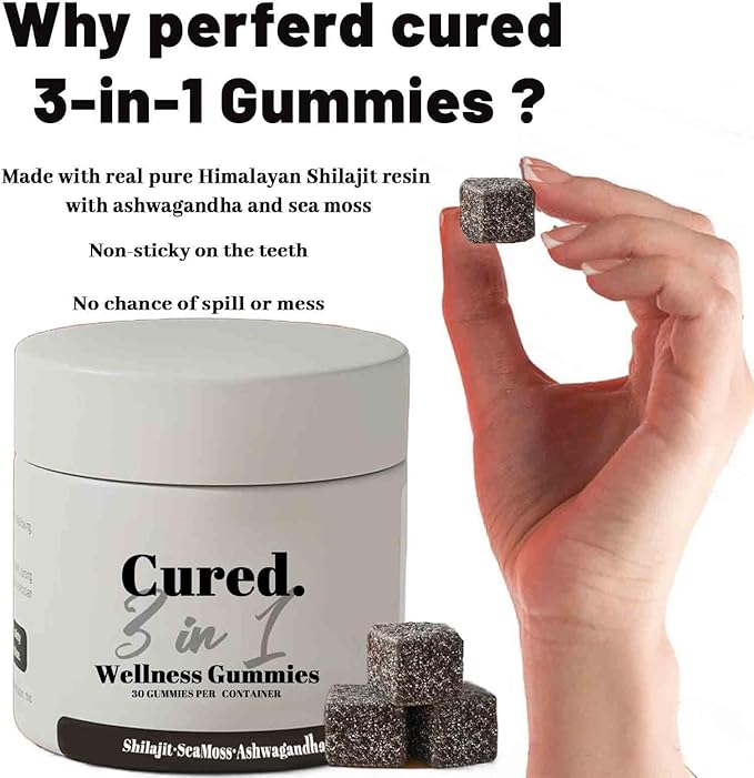 Cured 3 in 1 Gummies, 3 in 1 Shilajit Gummies for Men, Shilajit Gummies for Men, Pure Shilajit Gummies for Men, 30 Day Supply Per Bottle