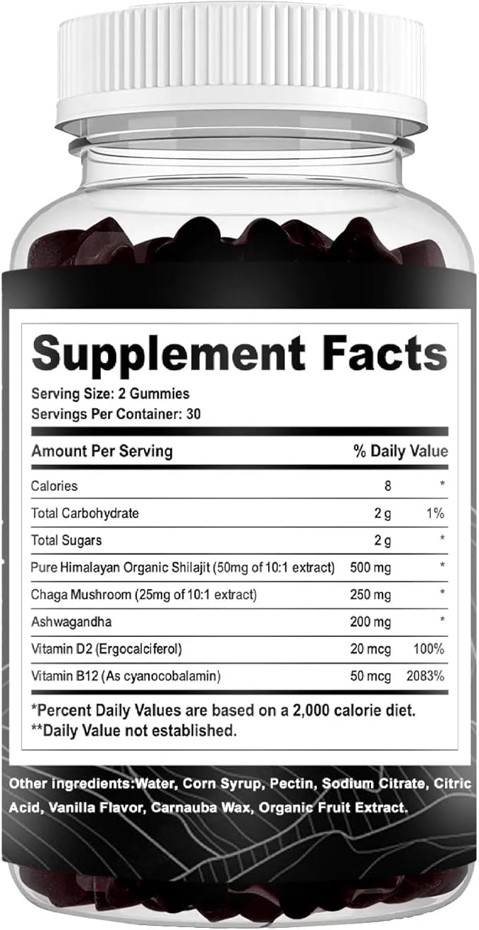 Shilajit Gummies I Lab Tested I No Added Sugar I Ashwagandha, Chaga Mushrooms | Fulvic Acid & 85+ Trace Minerals I for Men, Women I Non-GMO I 100% Natural & Organic I 60 Gummy