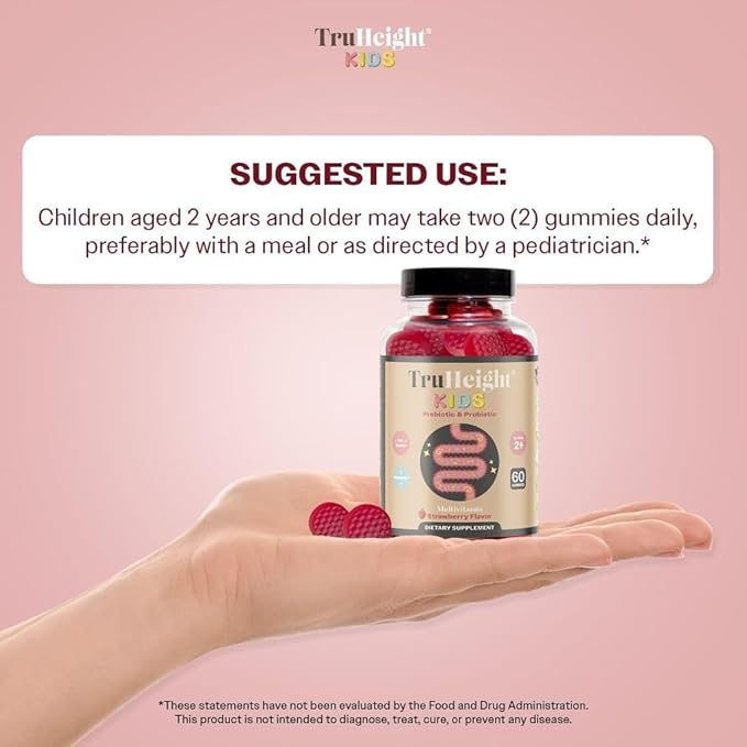 TruHeight Kids Prebiotic & Probiotic Gummies Ages 2+ (Strawberry Flavor) Toddlers & Kids All Natural Supplement for Digestive Health, Gut & Constipation Relief - Endorsed by Pediatricians Vitamins