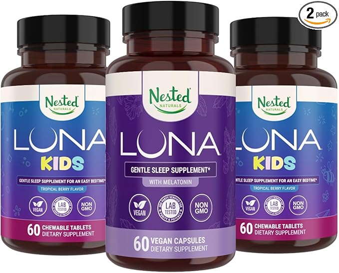 Nested Naturals Luna Kids Sleep Supplement (60 Chewable Tablets) & Luna Natural Sleep Aid (60 Vegan Capsules)