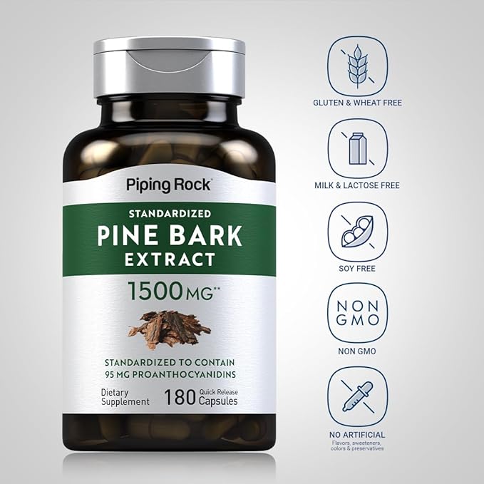 Piping Rock Pine Bark Extract Capsules | 1500mg | 180 Count | Non-GMO, Gluten Free Supplement