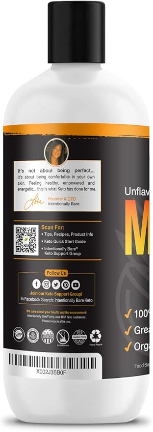 Intentionally Bare Pure C8 MCT Oil Organic - Brain Octane C8 MCT Oil for Clean Energy, Keto Paleo and Vegan Diet - Unflavored Brain Octane for Coffee, Shakes and Salads - Coconut MTC 16oz