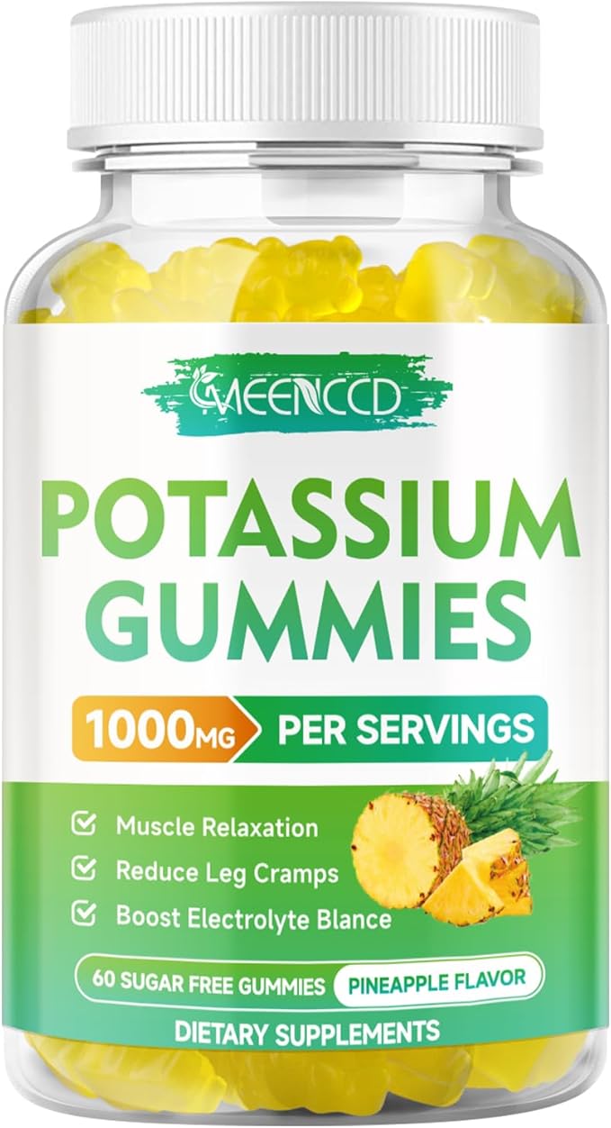 Potassium Citrate Gummies 1000mg, High Potency Potassium Supplement Gummies for Adults Women & Men, Support Leg Cramps & Muscle Health, Sugar-Free, Pineapple Flavor, 60 Count