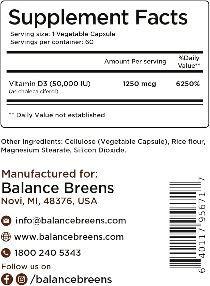 Balancebreens Vitamin D3 50,000 IU, 60 Veggie Capsules - High Potency, Supports Immune & Bone Health - Weekly Once
