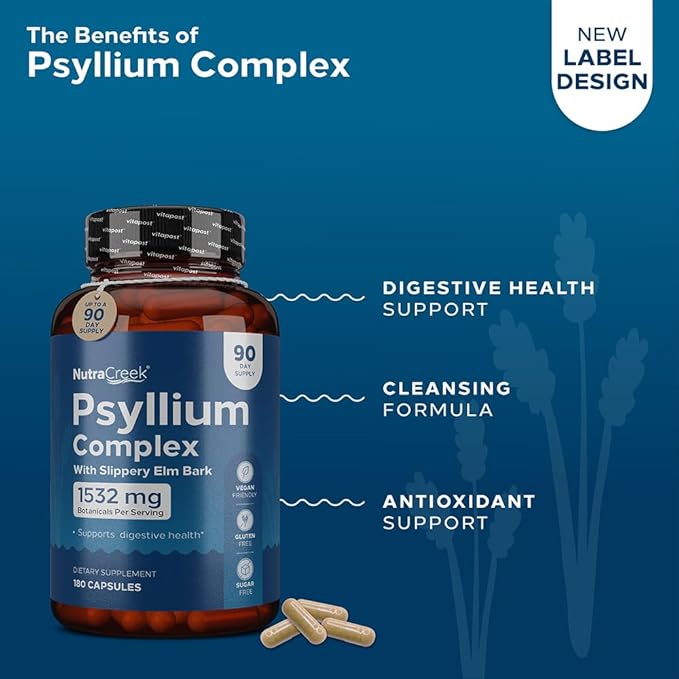 Psyllium Complex | 11-Ingredient Psyllium Husk Capsules with Psyllium Powder, Slippery Elm & Ginger to Cleanse & Support Digestive System Health | 180 Capsules