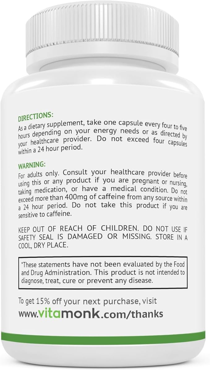 VitaMonk Low Dose Caffeine and Theanine - No Jitters, No Crash- Microdose of Caffeine L Theanine Pills with Caffeine Theanine and Theobromine - 25mg of Caffeine, Caffeine Pills L Theanine - 60 Caps