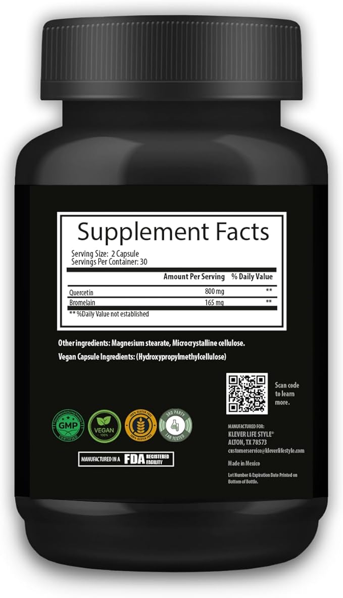 Klever Lifestyle | Quercetin with Bromelain Supplement | Antioxidant Properties, Brain Health | 60 Capsules | 800mg per Serving