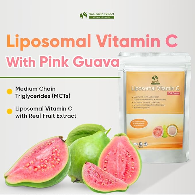 Bionutricia Liposomal Vitamin C with Pink Guava Extract Powder (Water Soluble) Immune & Collagen Support, Two-Stage for High Absorption & Antioxidant, No Sugar & Non GMO 5.29Ounce