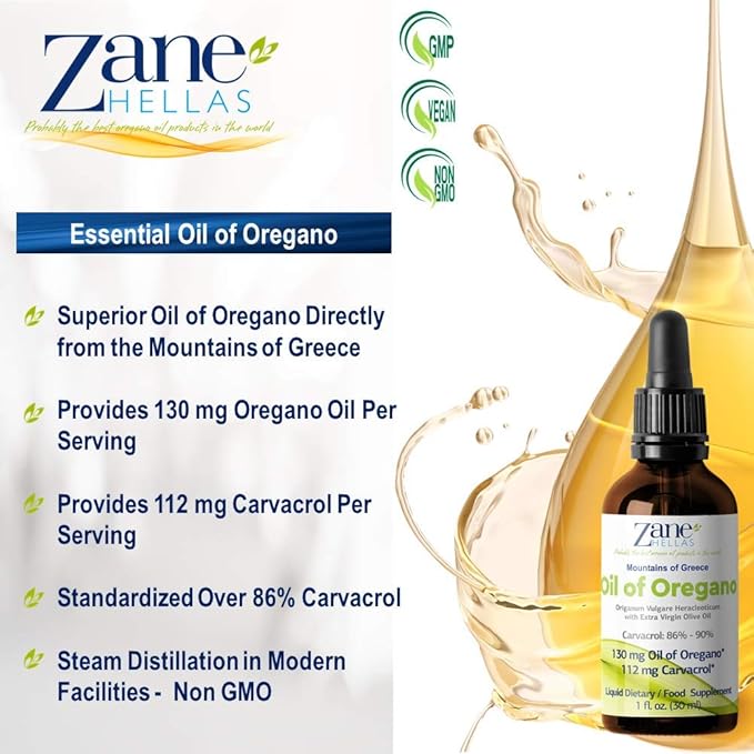 Zane Hellas 70% Oregano Oil. Greek Essential Oil of Oregano .86% Min Carvacrol. 112 mg Carvacrol Per Serving. Probably The Best Oregano Oil in The World. 1 fl. oz.- 30ml