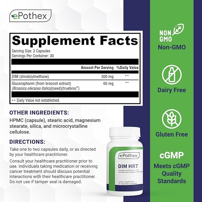 DIM HRT - Estrogen Metabolism + Detoxification Support Formula for Men and Women | DIM + SGS TrueBroc | Hormone Balance, Menopause, Hot Flashes Relief | Gluten-Free, Non-GMO | 60 Capsules