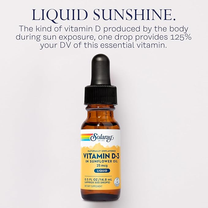 SOLARAY Vitamin D3 Liquid Drops 25 mcg (1000 IU) - Enhanced Absorption Vitamin D Drops in Sunflower Oil for VIT D3 Support - Naturally Unflavored, Dropper Included - Approx. 500 Servings, 0.5oz