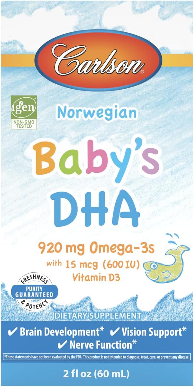 Carlson - Baby's DHA, Liquid DHA Baby Supplement, 1100 mg Omega-3s + 400 IU Vitamin D3, Brain Development, Vision Support & Nerve Function, Omega-3 Liquid for Babies, Baby Fish Oil, 60 mL
