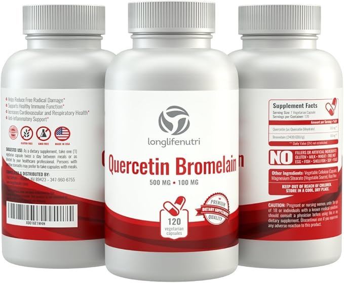Quercetin 500mg with Bromelain 100mg 120 Vegetarian Capsules | Natural Antioxidant Supplement | Relief Complex | Dihydrate Pure Powder Extract Cap 500 mg Plus