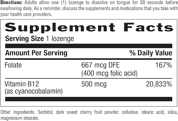 Country Life Vitamin B12 with Folate, Supports Energy & Red Blood Cell Production, 500mcg, 100 Lozenges, Certified Gluten Free, Certified Vegan, Certified Halal, Non-GMO Verified