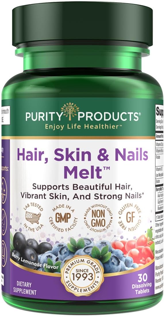 Purity Products Hair, Skin + Nails Melt 1000mcg B-12 + 2500mcg Biotin Energy Berry Melt - Delicious Berry Lemonade Flavor w/Super Fruits - B12 Methylcobalamin - 30 Melting Tablets