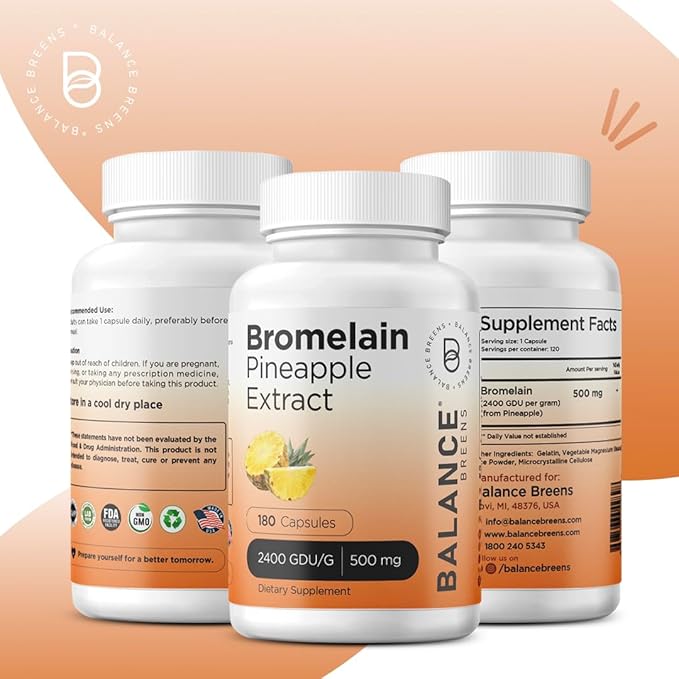 Balancebreens Bromelain 500mg, 180 Capsules - Pineapple Extract Digestive Enzyme, Supports Digestion and Joint Health Supplement