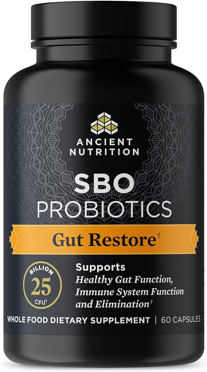 Ancient Nutrition Probiotics, SBO Probiotics Gut Restore 60 Ct, Promotes Gut Health, Digestive and Immune Support, Gluten Free, Ancient Superfoods Blend, 25 Billion CFUs* Per Serving