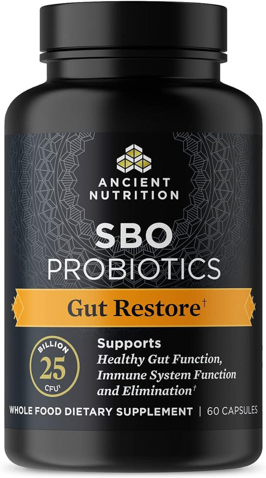 Ancient Nutrition Probiotics, SBO Probiotics Gut Restore 60 Ct, Promotes Gut Health, Digestive and Immune Support, Gluten Free, Ancient Superfoods Blend, 25 Billion CFUs* Per Serving