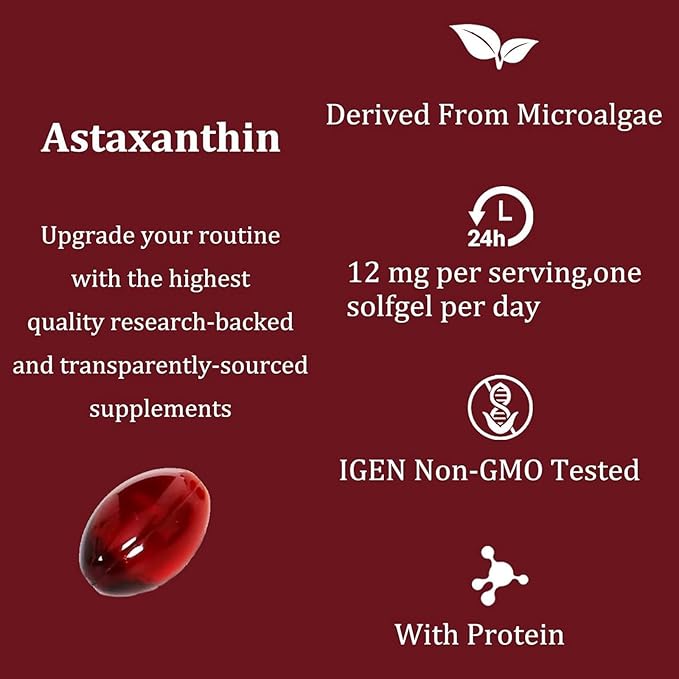 Astaxanthin Softgels 12mg, Microalgae Extracts - Triple Strength 120 Softgels Dietary Supplement | Tanning Pills, Non-synthetic, Allergen-free, Supports Eye, Joint, Internal Circulation Health