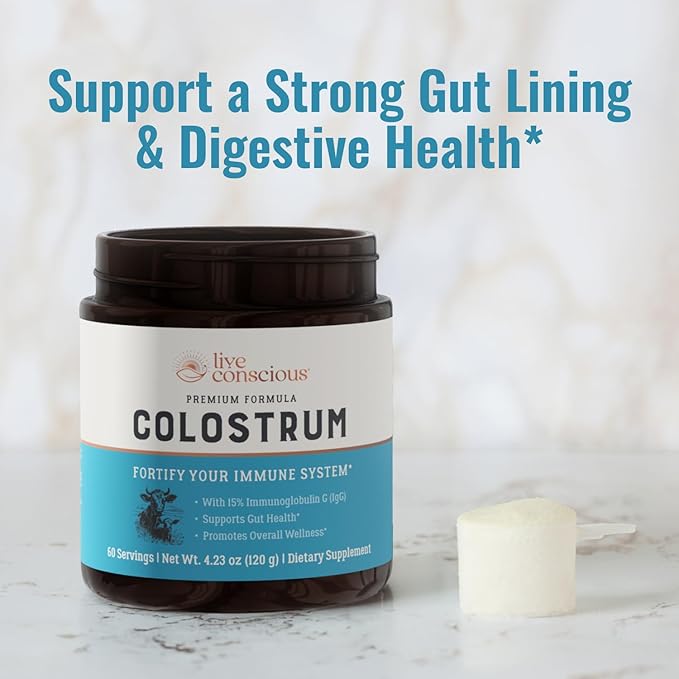 Live Conscious Colostrum Powder - Grass Fed Colostrum Supplement with Lactoferrin for Iron Absorption - Bovine Colostrum an Immune System Supplement