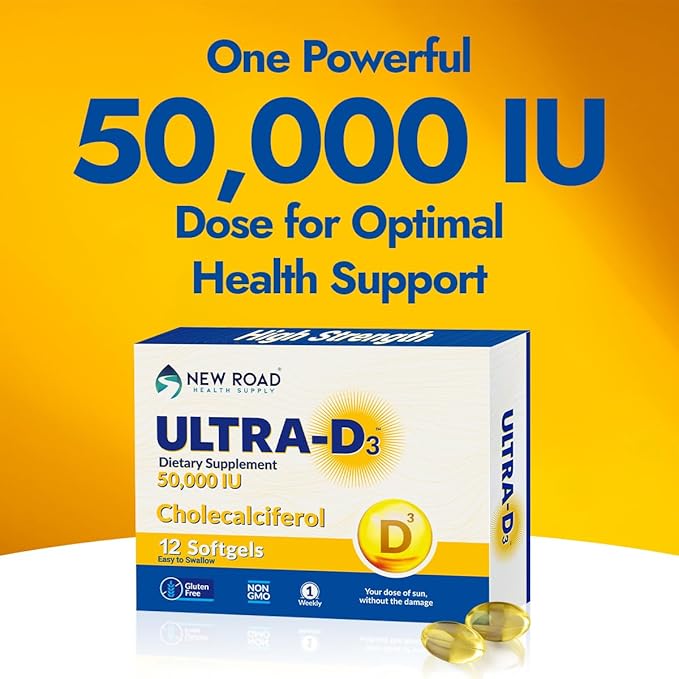 New Road Health Supply - Vitamin D 50000 IU, Once Weekly Dose, Easy to Swallow Vitamin D Softgel for Bones, Teeth, and Immune Support, Gluten Free,12 Count
