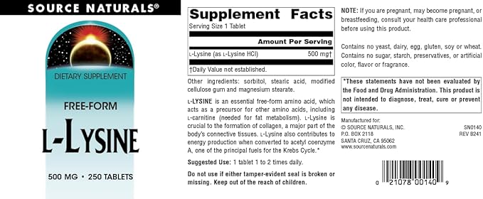 Source Naturals L-Lysine 500 mg Free Form - Amino Acid Supplement Supports Energy Formation & Collagen - 250 Tablets