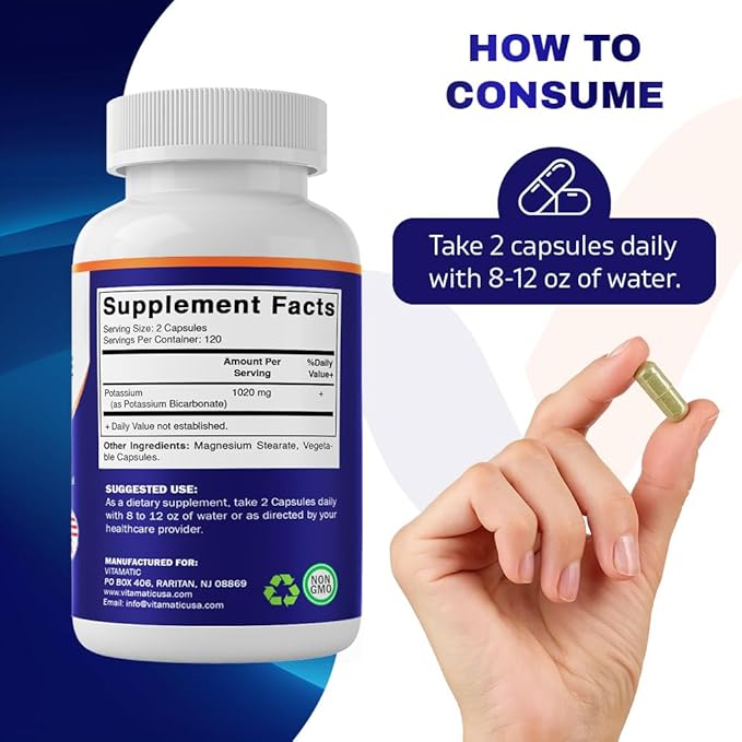Vitamatic Potassium Supplement, 1020 mg, 240 Vegtable Capsules - Non-GMO - Gluten Free - Made in USA