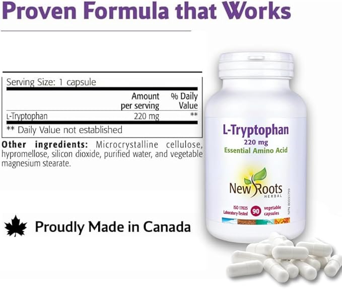 New Roots | L-Tryptophan Supplement (90 Capsules) 220mg, Herbal Sleep Aid, Mood and Stress Response Support – Gluten-Free, Non-GMO, Vegetarian