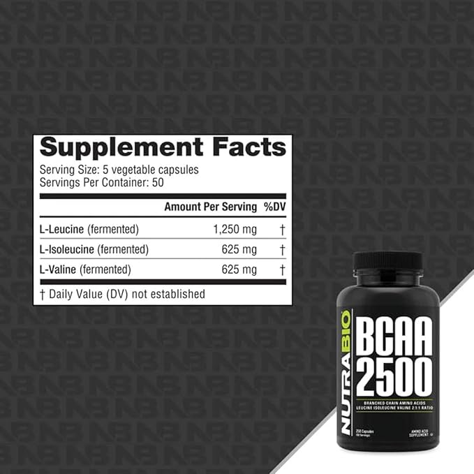 NutraBio – BCAA 2500 – Branched Chain Amino Acids – Support New Muscle Growth and Prevent Muscle Breakdown – 250 Capsules