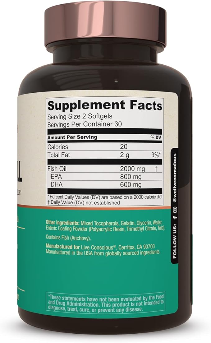 OmegaWell Omega 3 Fish Oil - 2000mg Capsules: Heart, Brain, & Joint Support - 800 mg EPA 600 mg DHA - Sustainably Sourced - Softgels - 30 Day Supply