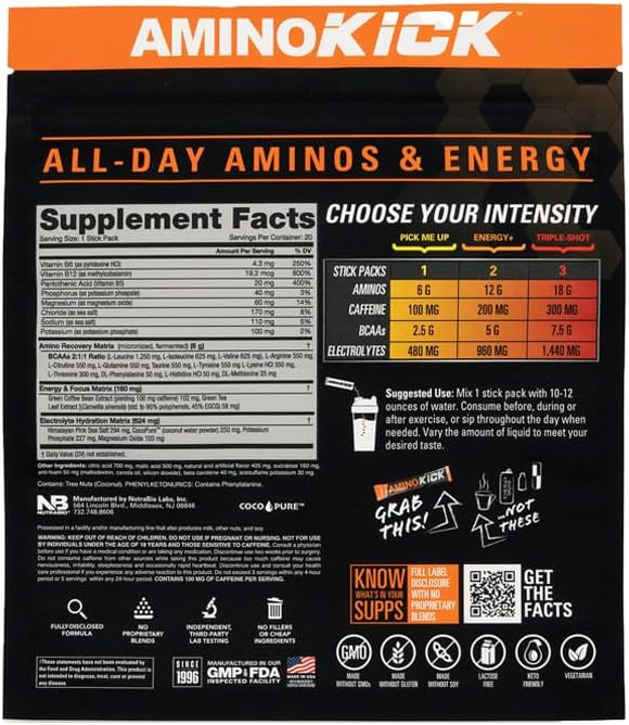 NutraBio – Amino Kick – All in One Performance Formula Energy, Hydration, Recovery 20 Servings, (Orange Mango) – 6g Amino Acids – Support Muscle Building