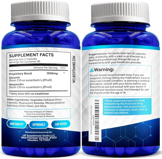 We Like Vitamins Diosmin Hesperidin 1000mg – 180 Capsules – 90 Day Supply - Diosmin and Hesperidin Supplement – Helps to Support Healthy Circulation, Veins, Capillaries, and Lymphatic Drainage