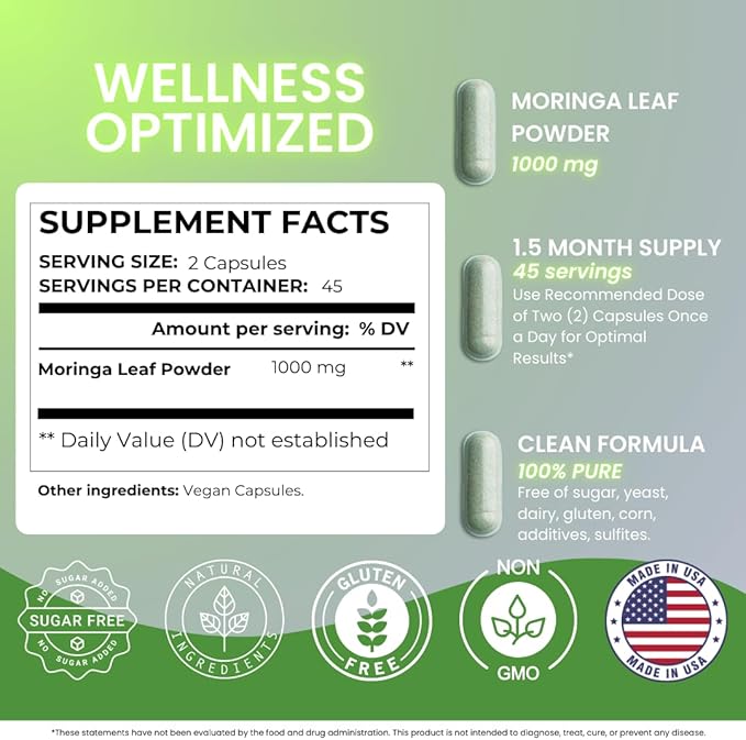Moringa Capsules – 90 Pure Moringa Powder Capsules Packed with Nutrients for Immune Support, and Daily Health