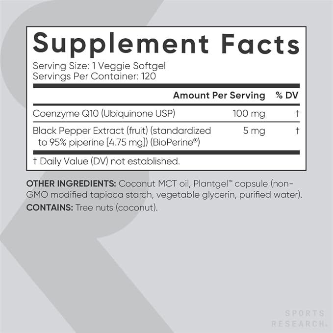 Sports Research CoQ10 (100mg) Enhanced w/Coconut Oil & Bioperine (Black Pepper) for Better Absorption | Vegan Certified, Non-GMO Verified (120 Veggie Softgels)