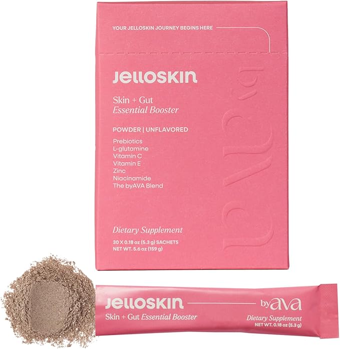 Jelloskin Skin + Gut Essential Prebiotic Booster Powder | L-Glutamine 1500mg, Vitamin C, Zinc, Niacinamide | 30 Servings | Glowing Skin, Gut Health Support | Antioxidants Camu Camu & Spirulina