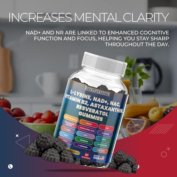 Sugar Free Gummies with Trans-Resveratrol, L-Lysine, L-Arginine, Fisetin, NR, NAD+, ALA, TMG, Beet Root, Astaxanthin, SAM-e, DHEA, Vitamin B2 For Men, Women, Detox, Energy, Metabolism, Aging, Joints