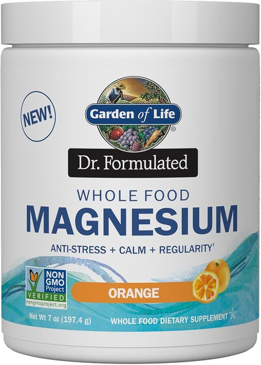 Garden of Life Dr. Formulated Whole Food Magnesium 197.4g Powder Orange,40 Servings(Pack of 1), Non-GMO,Vegan,Gluten & Sugar Free Supplement with Probiotics - Best for Anti-Stress,Calm & Regularity