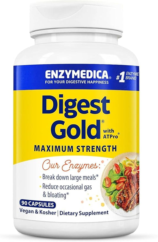 Enzymedica Digest Gold + ATPro, Maximum Strength Digestive Enzymes, Helps Digest Large Meals for Instant Bloating Relief, 90 Count