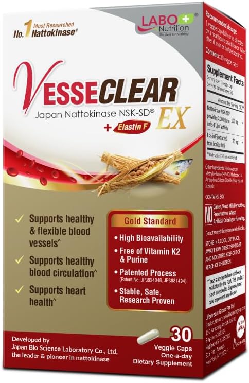 LABO Nutrition VesseCLEAR EX: Nattokinase NSK-SD+Elastin F for Clean & Flexible Blood Vessel. Japan's Most Research Proven, Functional Dose, Acid-Resistant/Delayed Release Capsules