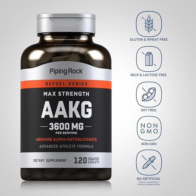 Piping Rock AAKG Supplement | 120 Caplets | 3600 mg | Arginine Alpha-Ketoglutarate Supplement | Nitric Oxide Enhancer | Max Strength | Vegetarian, Non-GMO, Gluten Free