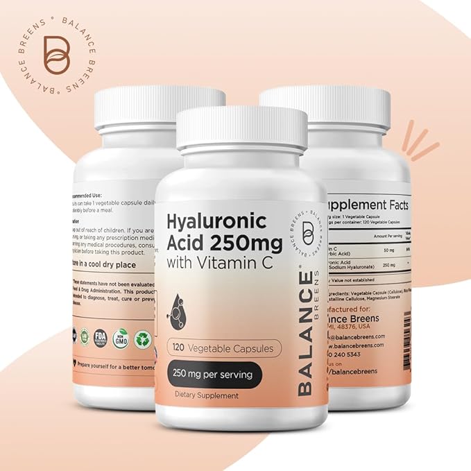 Pure Hyaluronic Acid Supplement 250mg with Vitamin C 50mg, 120 Vegan Capsules - Skin Hydration for Natural Glow, Hair, Nails, Bone & Joint Health Formula
