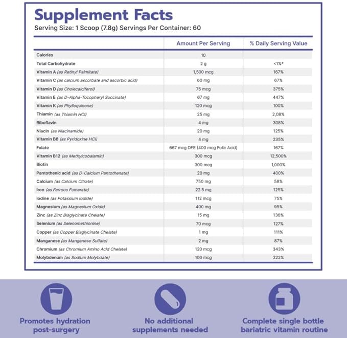 Bari Life Complete Bariatric Multivitamin with Iron - Dietary Supplement Powder Mix, Calcium Citrate, Multivitamin, Iron - Bariatric Vitamins for Gastric Sleeve Patients (Watermelon, 60 Servings)
