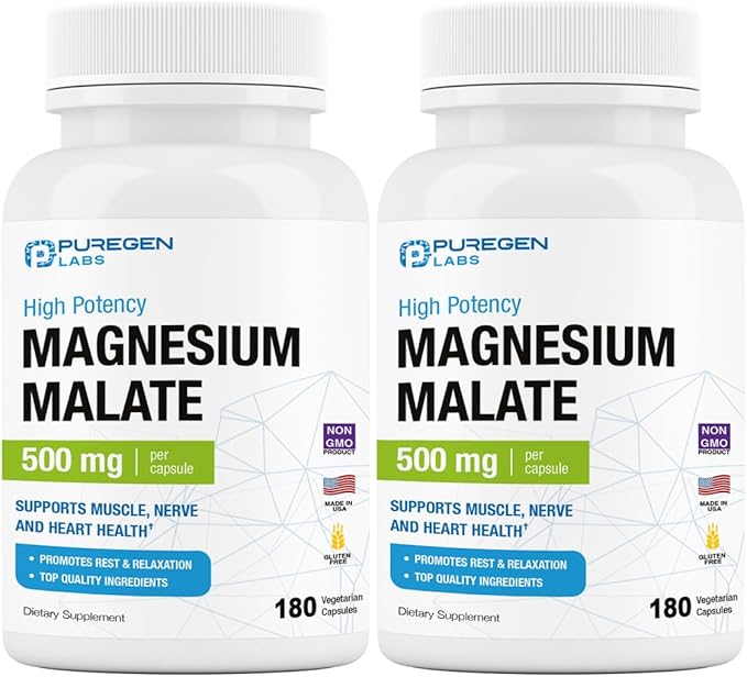 Puregen Labs Magnesium Malate 500mg | High Potency Elemental Magnesium | Total 360 Veggie Caps, Superior Absorption, Non-GMO, NO Gluten and Dairy, Supports Muscle, Joint, and Heart Health