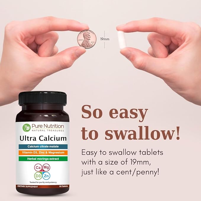 Pure Nutrition Ultra Calcium 1000mg with VIT D3 + K2 | 90 Tab | Highly absorbable Calcium Supplement with Calcium Citrate Malate, VIT D3, K2, Moringa Oleifera, Magnesium and Zinc.