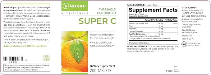 NeoLife Super C - Plant Based Extracts, 430mg Vitamin C Supplement with Rutin, Hesperidin, Lemon Bioflavonoids, Tablet Supplements, Orange Juice Powder & Acerola Cherries - 200 Tablets