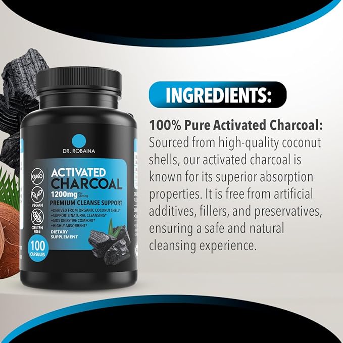 Dr. Robaina Activated Charcoal Capsules - 1200 mg Natural Detox and Digestive Support - 100 Capsules, Made in USA