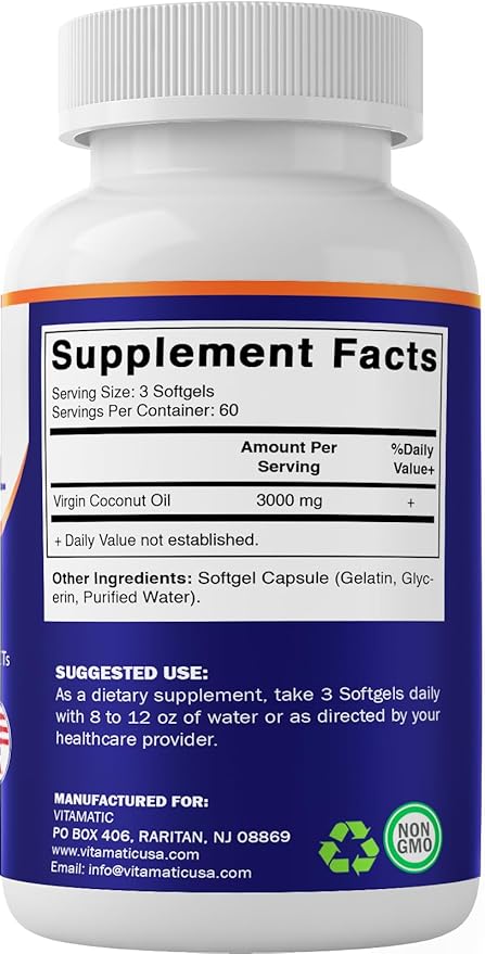 Vitamatic Virgin Coconut Oil Softgels, 3000 mg Per Serving, 60 Servings, 180 Count, Non-GMO, Gluten Free