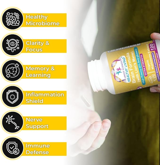 Cancer Sciences Memory Supplement for Brain, USDA Certified Organic Mushrooms Extract, Brain Health Supplements, Extra Strength 1,500 mg, High Potency 40% Beta-Glucans, Immune Support, 120 Capsules