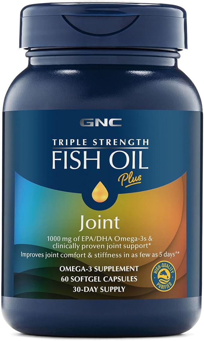 GNC Triple Strength Fish Oil Plus Joint Omega 3, 1000mg EPA and DHA, Heart Health, Plus Fast 5 Day Comfort, Brain, Skin, and Eye, Antioxidants and Botanical Extracts, Control Fish Burps, 30 Servings