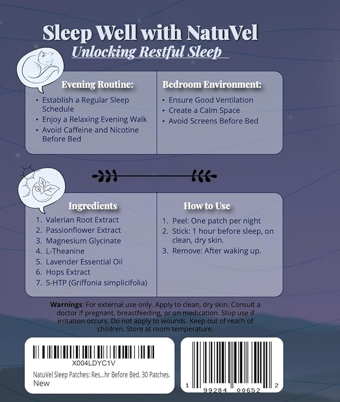 Sleep Patches: Restful Sleep with Valerian Passionflower Melatonin & More. Apply 1hr Before Bed. 30 Patches.
